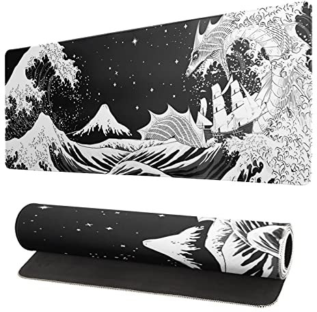 Tapis de souris de jeu avec vagues japonaises noires et blanches - Motif dragon de mer - 80 x 30 cm - Base en caoutchouc antidérapant - Bords cousus - Pour bureau, maison