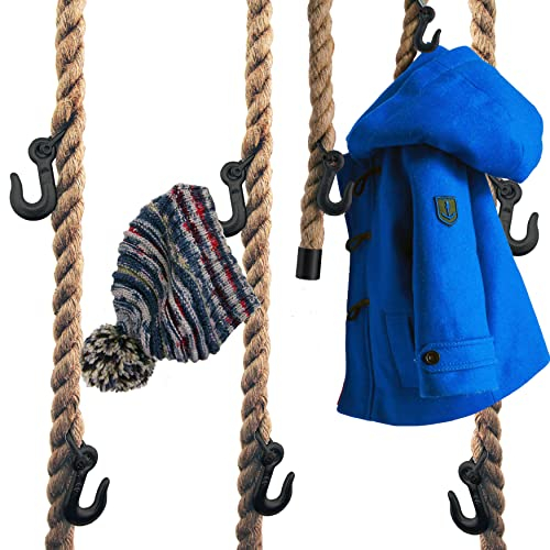 LeTOMA Garderobe aus Jute-Seil mit schwarzen Metall-Haken zum Aufhängen an der Decke, Wand im Industrial-Design | Praktisch, elegant, platzsparend | 3x Tau-Schnur 180 cm lang und 15 Stahl-Haken
