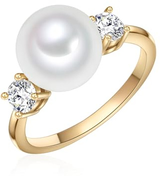 Lulu & Jane Damen Ring Messing gelbgold | gelbvergoldet 14 Karat, Perlenring, Zirkonia, weiß, Muschelkernperle, ca. 10,0 mm, weiß, rund