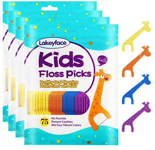 Lakeyface 300 fili interdentali per bambini, simpatiche giraffe, senza fluoro, senza BPA, filo interdentale per bambini, 4 colori da scegliere, 75 pezzi (confezione da 4)