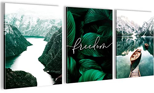 Novart FERTIG ZUM AUFHÄNGEN - Wandbilder Set See Berge - Collage XXL Wohnzimmer Grün N020835a, 90 x 40 cm