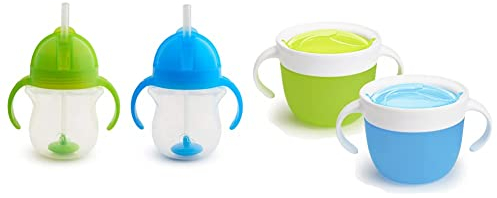 Munchkin Click Lock Tip and Sip Weighted Flexi Straw Cup, 7 oz/207 ml, Blue/Green, Pack of 2 & 2 Piece Snack Catcher, Blue/Green