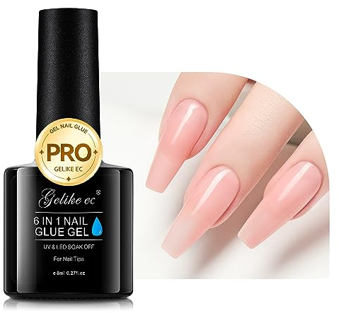Gelike ec 6 in 1 Gel Nail Glue - Base Coat for Nail Polish Building Extension - Strong Adhesive for False Nails, Acrylic Nail Tips, Press on Nails -Peachy Jelly