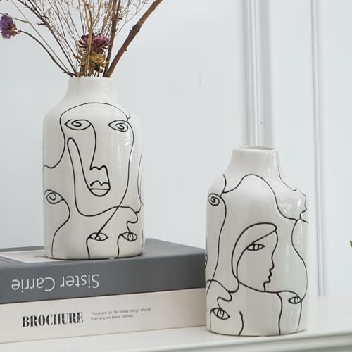 Kimdio Keramikvasen-Set, 2 Stück, weiß, abstraktes unregelmäßiges Design, Blumenvasen, moderne Wohnkultur, Wohnzimmerdekoration, minimalistische dekorative Vase für Pampasgras
