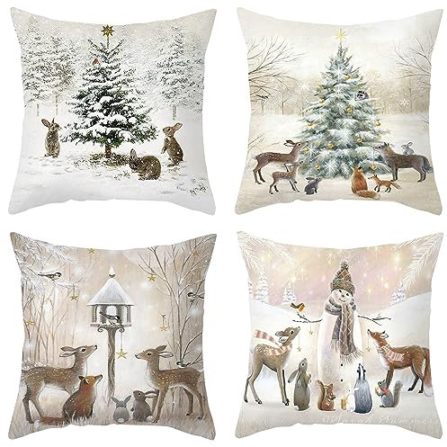 4 Stück Weihnachtskissenbezug Leinen, Weihnachtskissen Nostalgie 45x45cm, Weihnachten Deko Innen, Kissenbezug Weihnachten, Weihnachtsdeko Amerikanisch Kissen Bezug für Sofa Schlafzimmer Bett Auto (D)
