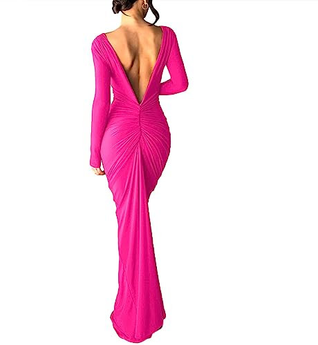 Loalirando Abito Lungo Donna Senza Schienale Elegante Manica Lunga da Cerimonia e Festa Bodycon Scollo a V Profondo per Sera Cocktail (Rosa, M)