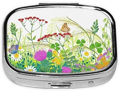 Pill Box 2 Compartment Medicine Pill Case with Mirror,Portable Pill Box for Pocket Or Purse Pill Box Decorative Unique Gift-Plants and Insects