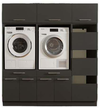 LAUNDREEZY 2x Waschmaschinenschrank, Wäscheschrank und 3x Schrankaufsatz, Anthrazit - Waschmaschinen-Überbauschrank TÜV-zertifiziert mit viel Stauraum - 185 x 200 x 67,5 cm (B/H/T)