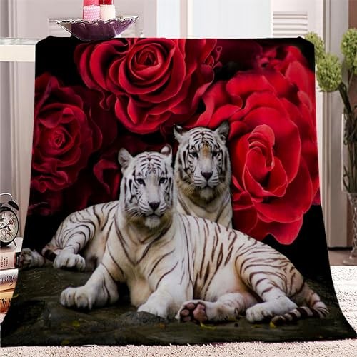 Decke 200x200 Tierischer Tiger und Rosenblume 3D Kuscheldecke Flauschig Decke Fleecedecke Weich und Warme, Wohndecke Flanell als Sofadecke Couchdecke Tagesdecke