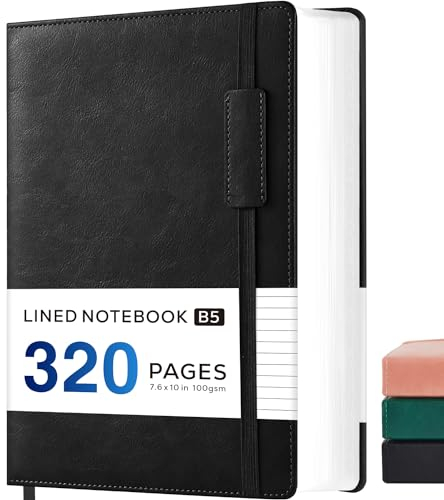 NIRMIRO Notizbuch B5 Liniert, 320 Seiten Großes Bullet Journal Tagebuch für Erwachsene Frauen und Männer Notizen, Reisen, Zeichnungen, 19cm x 25,4cm, Schwarz Leder Notizblock