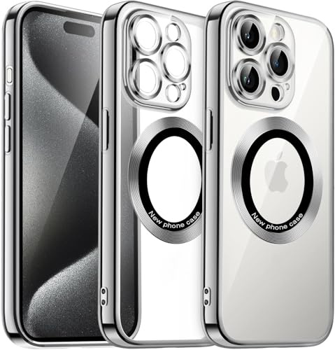 IBETEK Handyhülle für iPhone 15 Pro Hülle Kompatibel mit MagSafe, Clear Magnetisch Galvanisierte Hülle, Ultra Dünn Weiche Silikon Hülle mit Kameraschutz Stoßfest Case, Silber