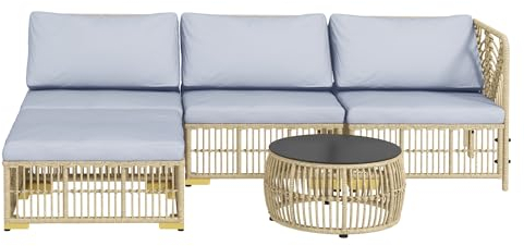 Outsunny Rattan Gartenmöbel-Set, 5-TLG. Balkonmöbel Set Sitzgarnitur mit Kissen, Gartengarnitur mit Eckofa, Hocker, Couchtisch, Terrassenmöbel-Set, Stahl, Hellgrau