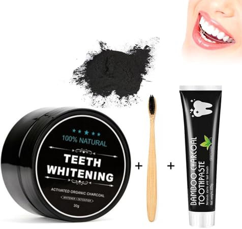Dentifrice + Poudre Dentaire + Brosse à Dents,Charbon Actif En Poudre Blanchissante Naturel,Brosses à Dents En Bambou,Dentifrice Charbon Actif Poudre,Élimine Tartre Tâches Plaque Mauvaise Haleine