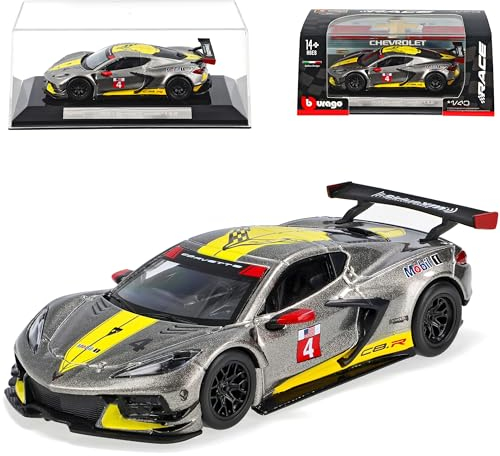 Chevrolet Chevy Corvette C8 Singray Grau Rennversion mit Sockel und Vitrine 1/43 Burago Modell Auto