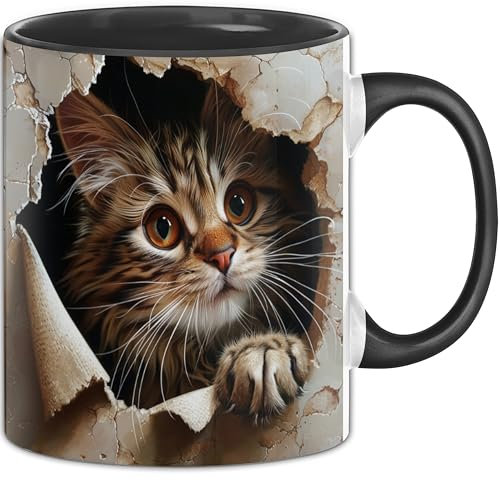 Trendation - Katze 3D Tasse Kaffee-Becher Geschenkidee Baby Katze Aus Wand Loch Becher Mit 3D Motiv (Schwarz)