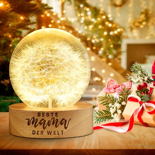 Johiux Muttertagsgeschenk für Mama,Geschenke für Mama Kristallkugel Nachtlicht 6 cm Glaskugel Deko,Glaskugel-Nachtlicht mit Holzsockel Personalisiertes Geburtstagsgeschenk für Mama.