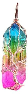 Pendentif arbre de vie en pierre de cristal naturel, 1 pièce, bijoux en galvanoplastie Colorfu, cristaux bruts for hommes et femmes, bijoux DIY, beau cadeau décoration de la chambre ( Color : Rose Gol