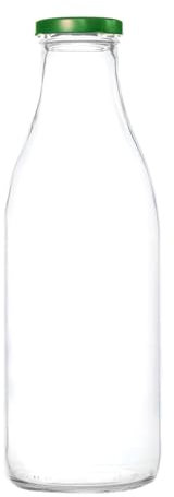 Pack of 6 x 1 Litre Glass Milk Bottles with lids, ideal for Juice & Raw Milk (6 x Green Lid)