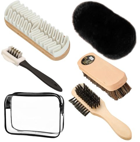 DERJDISF Spazzola per Scarpe - Kit per Pulizia Scarpe da 6 Pezzi - Spazzola per Stivali con Custodia, Ideale per Scarpe, Seggiolini Auto, Divani e Borse, Set di Pulizia per Scarpe in Pelle Scamosciata