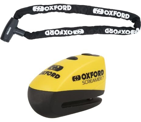 Oxford 1.5m GP Chain Bike Lock 8mm for Motorcycle and Motorbike, with Screamer 7 Alarm Disc Lock Anti-Theft Bike Alarm for Ultimate Safety and Best Theft Protection Kit for Bike Rider