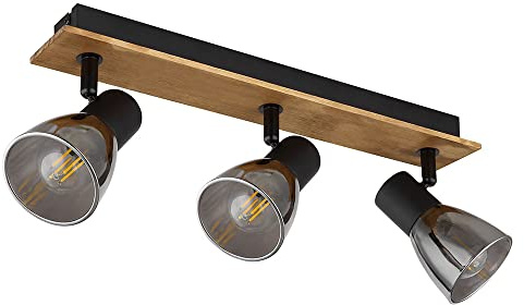 Deckenlampe 3 flammig schwarz Deckenleuchte Holz Schlafzimmerlampe, 3-schwenkbare Strahler, Metall Glas, schwarz rauch, 3x E14 Fassungen, LxBxH 40x7x15,5 cm