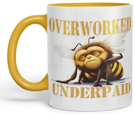 Vixar Overworked Underpaid bee Work Joke sarkasm Sarcastic Ceramic Coloured Mug Cup for Tea Coffee Hot Brew 330ml 11Oz Gift (G Yellow)