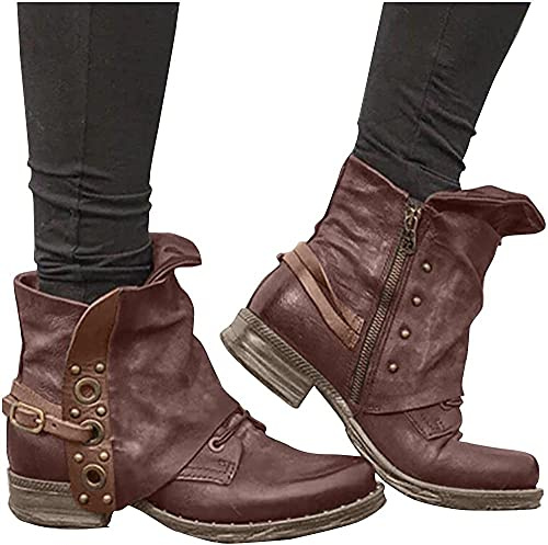 Yeehliny Damen Stiefel Stiefeletten mit Nieten Schuhe Ankle Boots Biker-Boots Retro Lederstiefel Halbschaft Stiefel Schlupfstiefel Kurze Stiefel Frauen Schuhe Schnallen