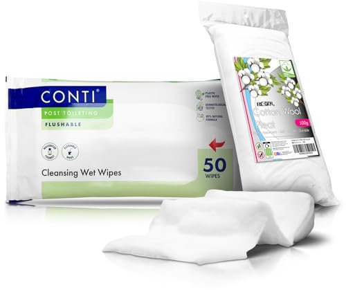 Conti Incontinence Wet Wipes Post Toileting Patient Cleansing Wipes 24x22cm Flushable/Macerator Friendly (50 Wipes Per Pack | Fragrance Free) Includes RE-GEN Cotton Pleat (50 Count - Pack of 6)