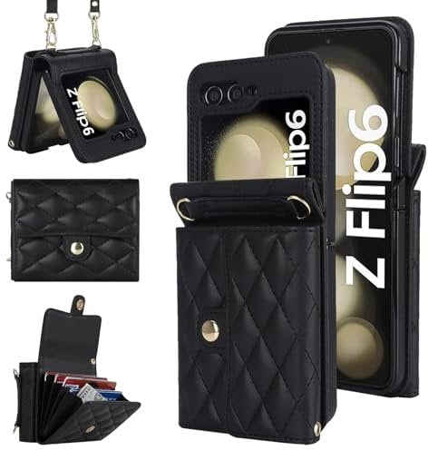 XIZYO for Samsung Galaxy Z Flip 6 Leather Crossbody Wallet Phone Case with Adjustable Removable Lanyard Strap, for Women Girls Cute Luxury Protective Cover with Card Slots, Black