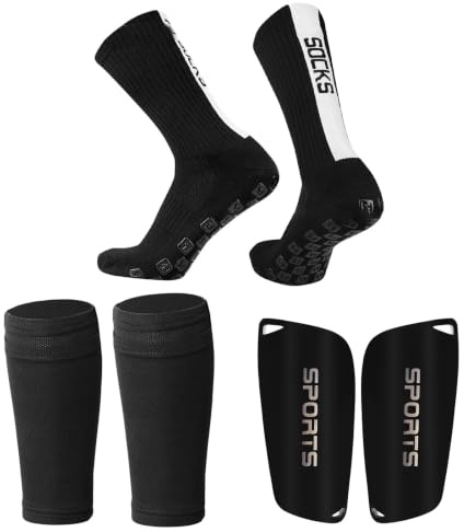 Zimoer 3-Teiliges Set Schienbeinschoner Fussball Mit Anti-Rutsch Ärmel Socken, Fussball Shin Guard und Stutzen Stutzenstrumpf, Outdoor Sport Laufsocken, Anti-Rutsch Socken mit Griffen
