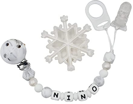Attache tétine sucette personnalisée/prénom/bébé naissance cadeau, modèle Flocon silicone (Attache tétine)