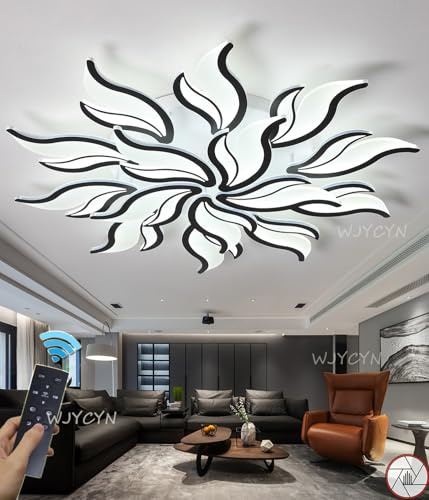 Dimmbar LED Deckenleuchte Modern Groß Wohnzimmerlampe Kreative Blumenform Design Schlafzimmer Küchen Deckenlampe mit Fernbedienung Deckenbeleuchtung Eisen Acryl Kronleuchter (Schwarz, 15 Heads,100cm)