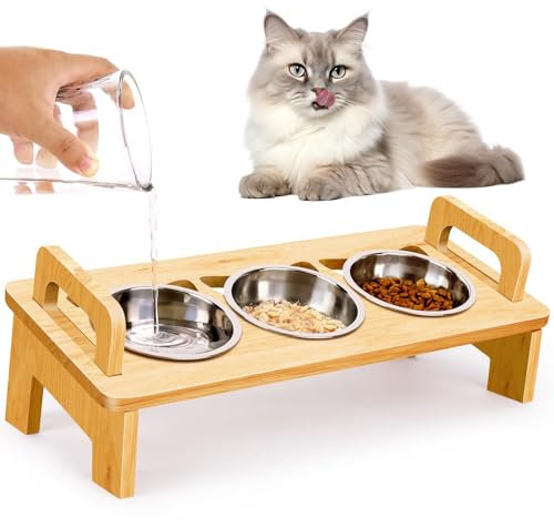 Raised Cat Bowls with Stand, 15°Tilted Elevated Bamboo Cat Feeding Station with 3 Stainless Steel Bowls Cat Food Bowls Anti Vomit Anti Slip