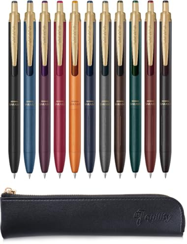 QULLITY Zebra Sarasa Grand Gel-Kugelschreiber, 0,5 mm, Vintage-Stil, einziehbarer Stift, 11 Farben, originales schwarzes schlankes Federmäppchen