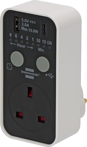 Brennenstuhl Digital Timer Plug with USB A and USB C (Countdown Timer for indoor use, countdown adjustable in 7 steps, with increased touch protection)