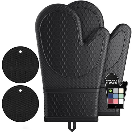 Ofenhandschuhe Topflappen Set: 4er Set 300°C Hitzebeständige Anti-Rutsch Topfhandschuhe, Premium Silikon Ofenhandschuhe, mit weichem Baumwoll-Innenfutter, für Küche, Backen, Auflaufform und Grillen.