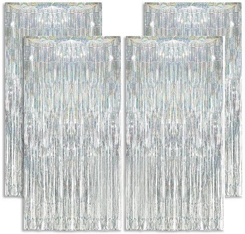 KOOSREEL 4 Metallo Tinsel Argento (1 × 2 m), Foglia di Paillettes per Capodanno, Festa di Matrimonio, Decorazione di Compleanno, Tende con Frange in Alluminio, 4PCS, 4 unità
