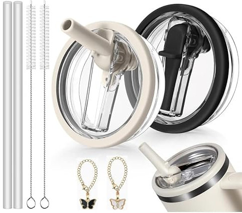 2 coperchi per tazza Stanley a prova di perdite, con 2 cannucce, 2 cannucce, 2 ciondoli Stanley Cup, coperchio di ricambio riutilizzabile compatibile con Stanley Quencher H2.0 da 40 once (nero +