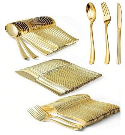 180Pcs Gold Plastic Cutlery Set,Washable and Reusable Heavy Duty Tableware,60 Knives 60 Forks and 60 Spoons Perfect for Birthday Parties and Weddings