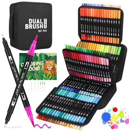 TrendGate Dual Brush Pen Set, 192 Farben Fineliner und Pinselstifte Set, Doppel Filzstifte Dicke und Dünne mit Malbücher für Handlettering, Bullet Journal, Mandalas Stifte für Kinder und Erwachsene