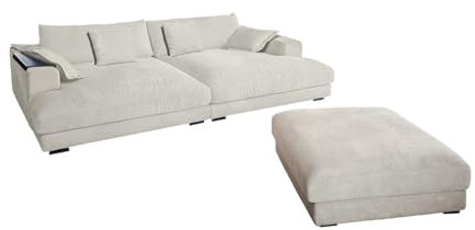 KAWOLA Big Sofa Madeline Cord cremeweiß mit Hocker / 4 Zierkissen/Armlehntablett schwarz