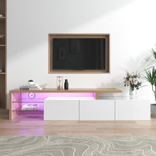 PUGSDRLY Meuble TV Bas avec Lumière LED,Meuble TV avec Rangement,3 Portes et 2 étagères en Verre,Design élégant et Moderne (Blanc, 197.5x39x42cm)