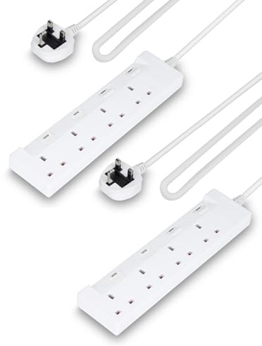 GEEPAS 4 Gang Extension Lead, 2M Cable | 4-Way Plug Extension Cable | Wall Mountable & Multi Socket Mains Strip with Individual Switches for Home Office | Heavy Duty UK Plug | White, Pack of 2