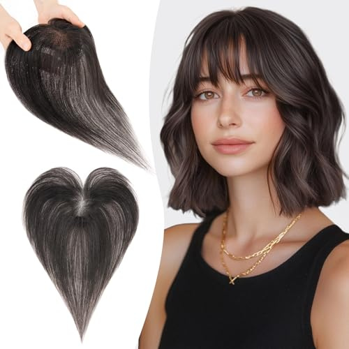 S-noilite Echthaar Toupets für Frauen Natürliches Schwarz - 9x12cm T-Sharp Haar Toppers Clip in Haarteile Echthaar mit Wispy Pony 13 Gramm