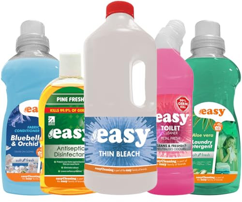 Easy 5 Piece Household Cleaning Bundle Giftset, Thin Bleach 2L, Antiseptic Disinfectant 500ml, Toilet Cleaner 750ml, Fabric Conditioner 750ml 30 Washes, Laundry Detergent 15 Washes