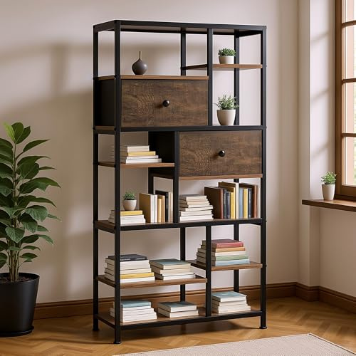 Rebonique Bücherregal, Standregal 7 Ebenen mit 2 verstellbar Schubladen,Hoches Industrielles Bücherregal, Bücherschrank Aufbewahrungsregal für Büro,Wohnzimmer,Schlafzimmer,73x30x151cm