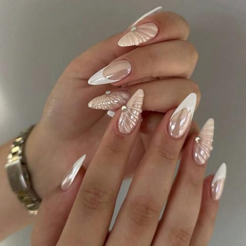 24pcs Press on Nails Almond - False Nails French Tip - Shimmer Pearl & Shell Fake nails with Glue - Long Stick on Nails for Women - Full Cover Acrylic nail Tips for DIY Natural Nude French Manicure