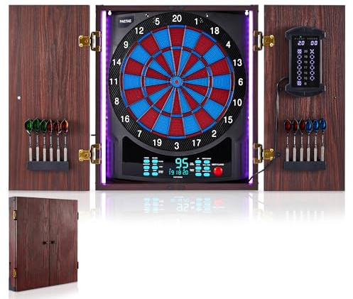 Electronic Dart Board with Cabinet Set, Electric Digital Dart Boards for Adults with Light Strips, Soft Tip Dartboard Cabinet Door with Large Cricket Display and Darts Storage for 12 Darts