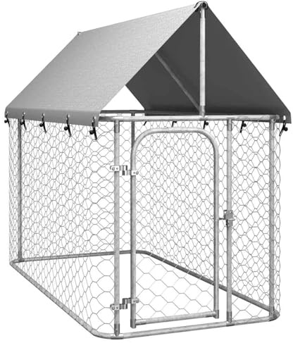 Homgoday Outdoor-Hundezwinger 200x100x150 cm mit Dach - Silbern, Verzinkter Stahl, für Sicherheit und Komfort Model171496