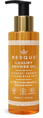 Besque Luxury Shower Oil, Hydrating Body Wash For Women, 150ml | Hydrating Oil Body Wash With Sweet Almond, Rosehip, Evening Primrose, And Vitamin E To Gently Cleanse Dry Skin